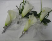 Set of (4) Calla Bride Wedding. Set has 2 Corsages and 2 Boutonnieres. Real Touch Cala Lilies with Handtied Bows.