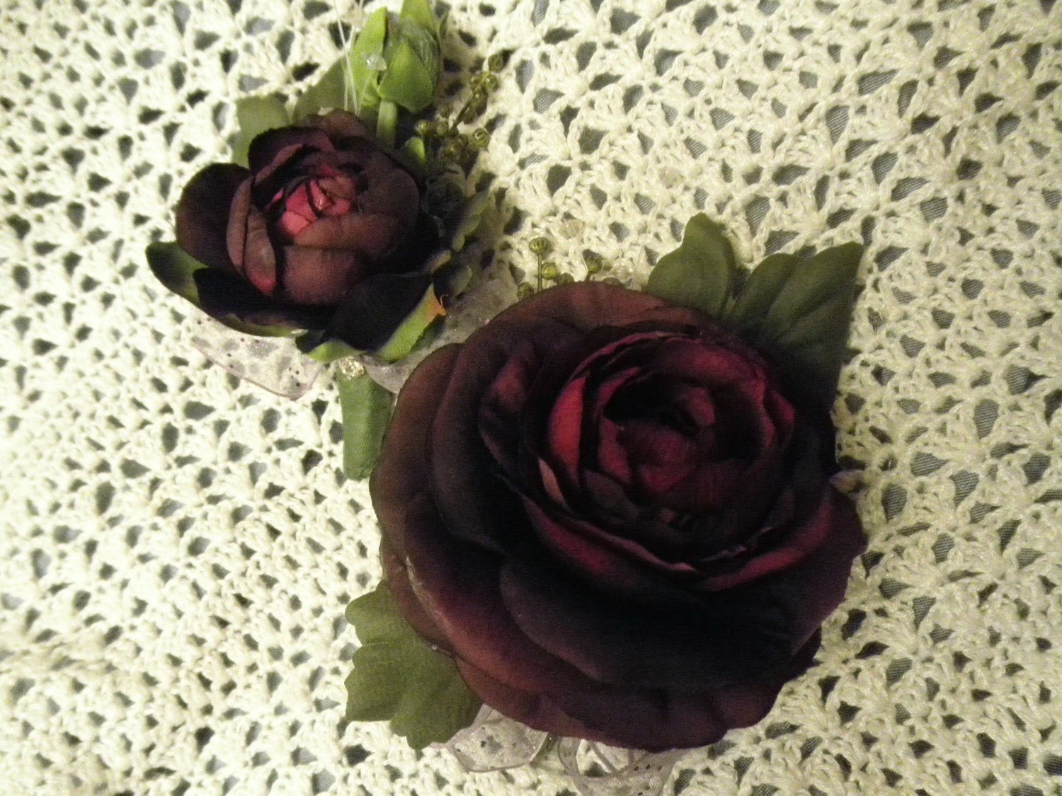 4 piece Set of Wedding Corsage Groom Boutonniere. Mother of the Bride Silk Flowers. Genuine Austrian Crystal. Plum Purple Ranunculus.
