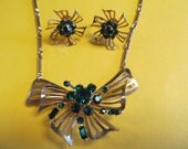Vintage Coro Emerald Rhinestone Necklace with Matching Earrings.