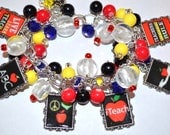 BACK to SCHOOL TEACHER Charm Bracelet Altered Art Handmade Bracelet Free2BDesigns Blue Red Yellow