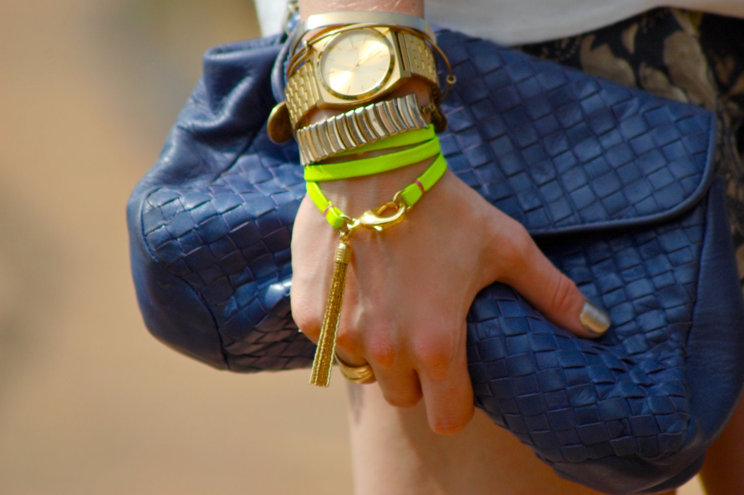 Neon Yellow Leather Triple Wrap Bracelet w/ gold tassel detail