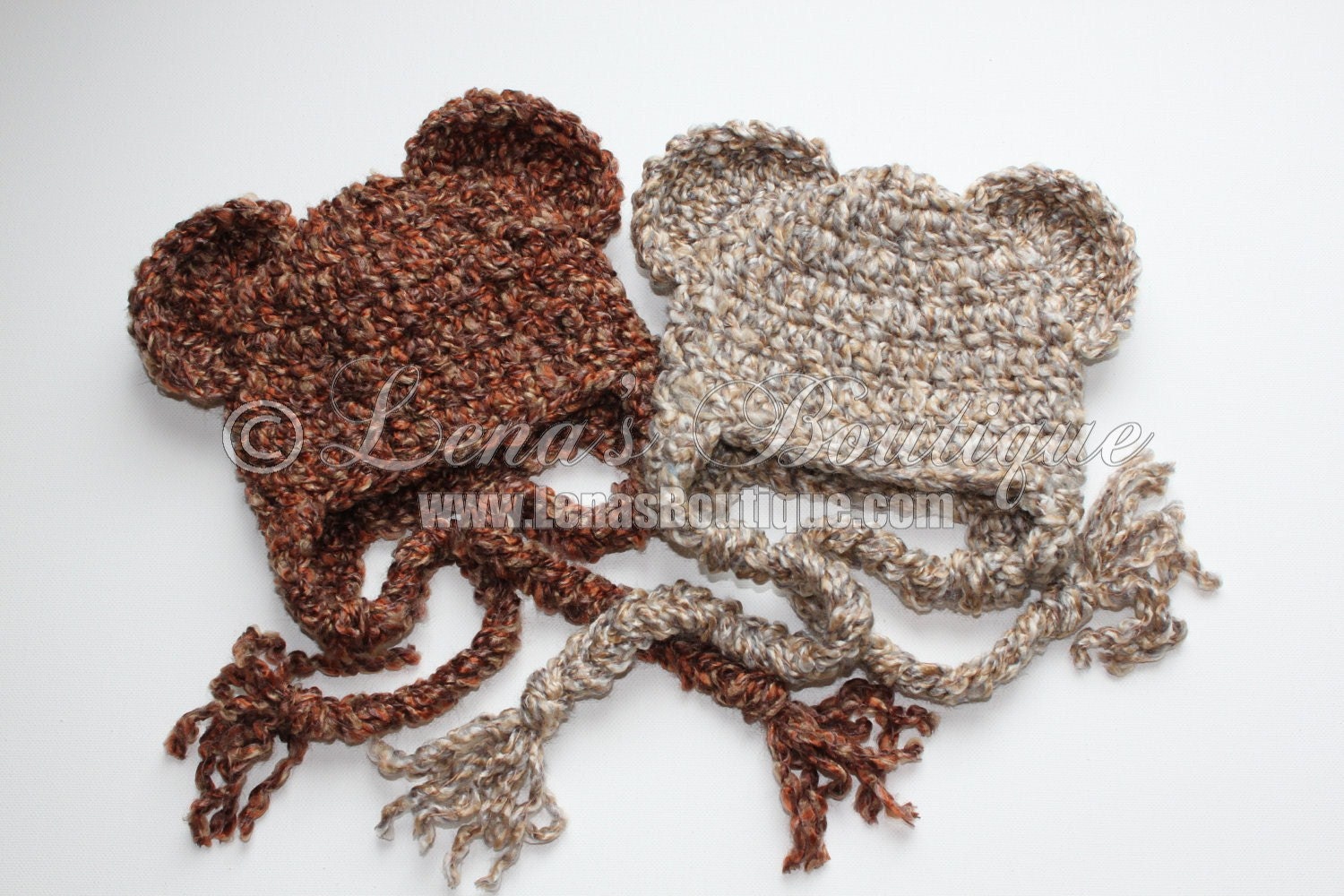 SALE Crochet Soft Chunky Textured Brown or Light Grey/Beige Bear Baby Ear flap Hat for Boy or Girl  - size Newborn/0-3 mo - Made To Order