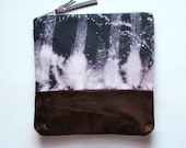BLEACH Black Leather Clutch. Large MAKE UP Bag. Hand Dyed Cotton Tie Dye Clutch.