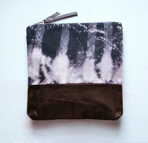 BLEACH Black Leather Clutch. Large MAKE UP Bag. Hand Dyed Cotton Tie Dye Clutch.