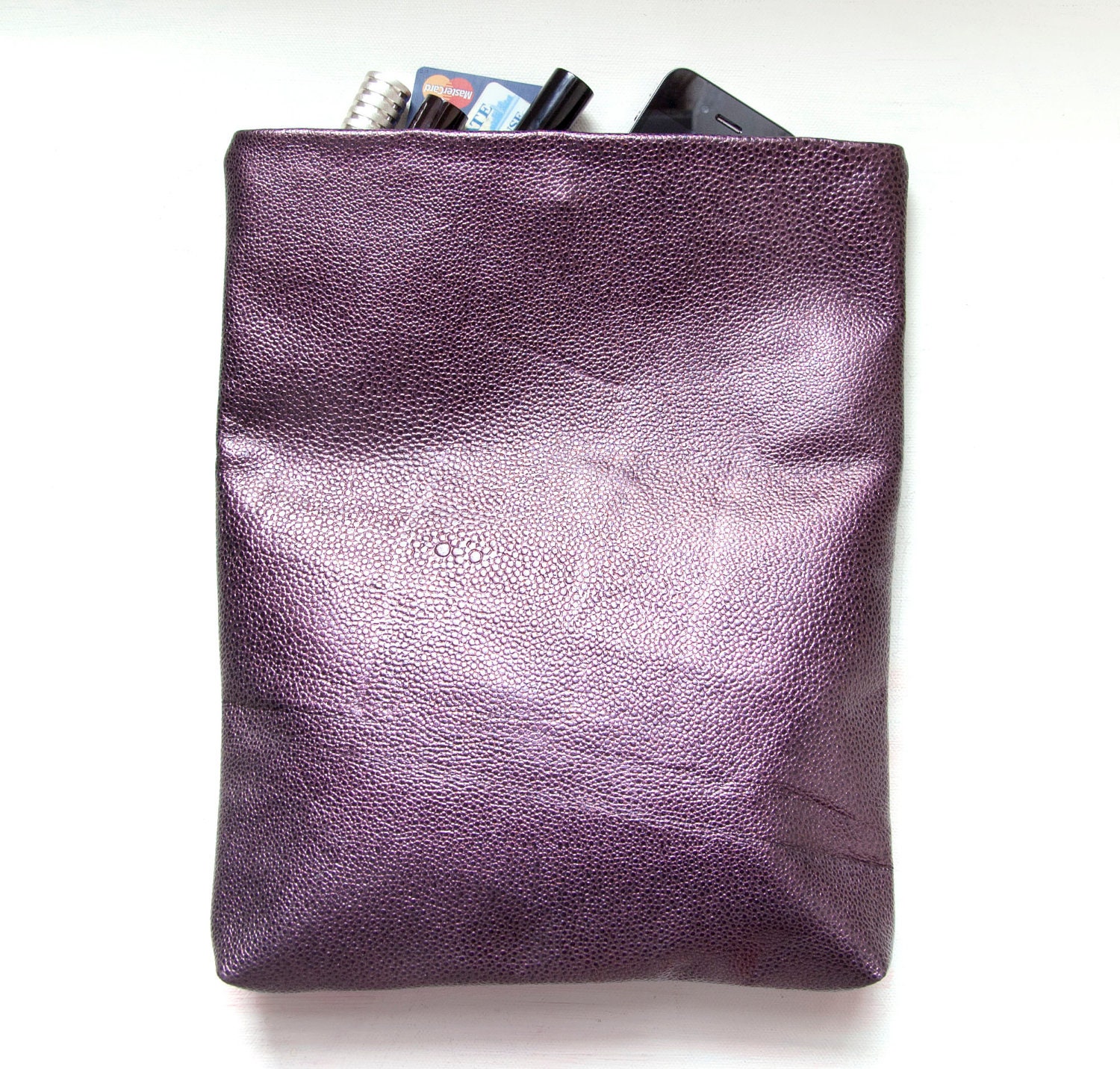 SALE. M E T A L L I C PLUM Envelope Clutch. Leather Fold Over Clutch.