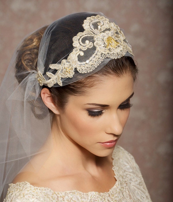 Juliet Cap Veil Gold Lace Veil Lace Bridal Cap Tulle Veil Juliet Veil Floral Art Deco Veil - Made to Order - ODETTE