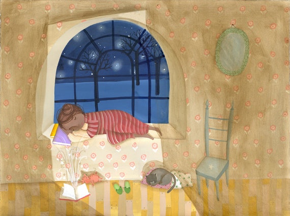 Digital print of a children illustration painted with acrylics. Girl sleeping in the dark until something is happening very close.