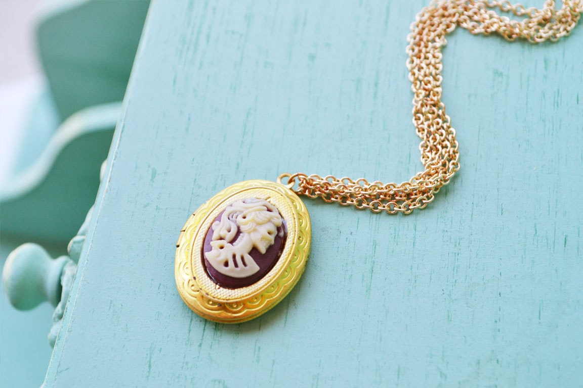 Burgundy Victorian Zombie Cameo Gold Locket Necklace - SALE