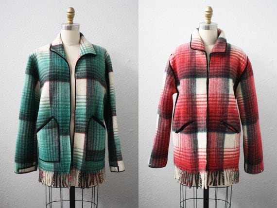 plaid coat / REVERSIBLE PLAID coat / green and red blanket coat