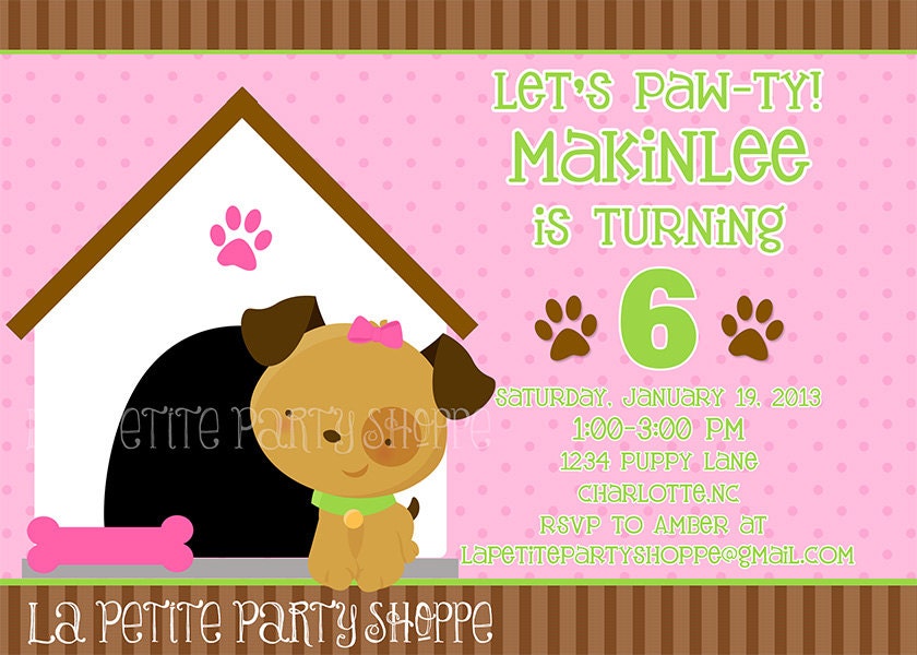 Cute Girls Puppy Party Invitations-Pawty-Pink Girls Il_570xn