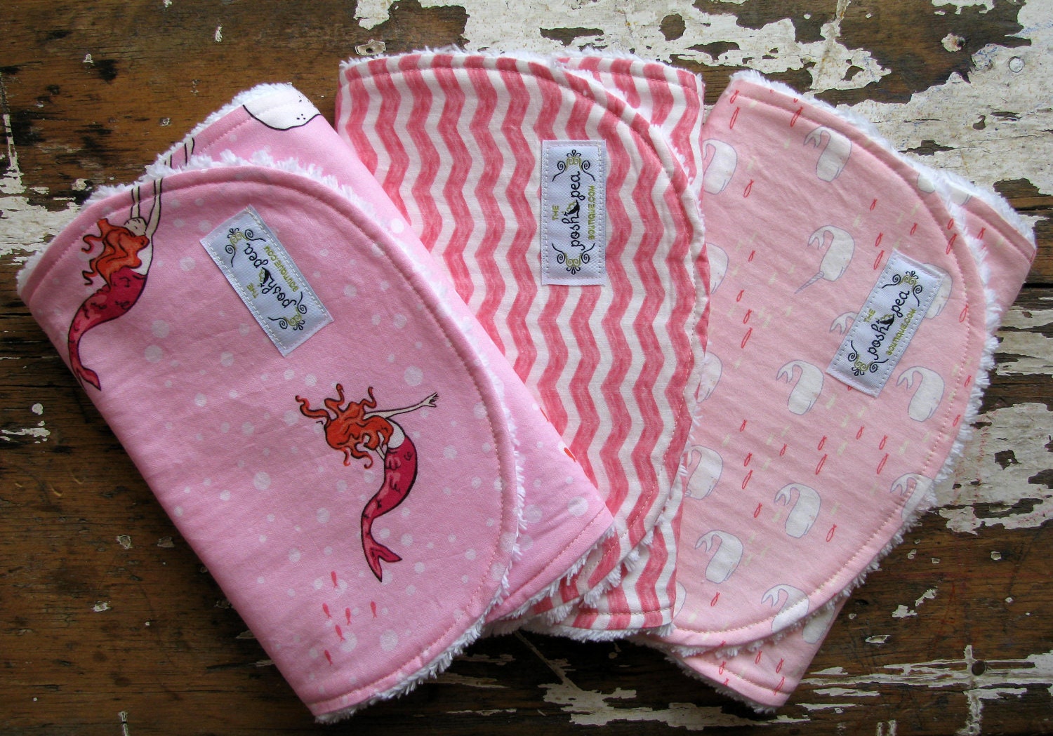 Baby Girl Burp Cloths - Set of 3 - Pink & White - Out to Sea in Playful Mermaid, Chevron, and Whales