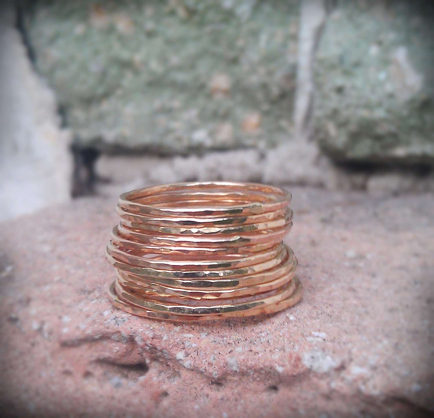 Hammered Stack Rings- 14k Gold filled- Set of 12 hammered skinny rings