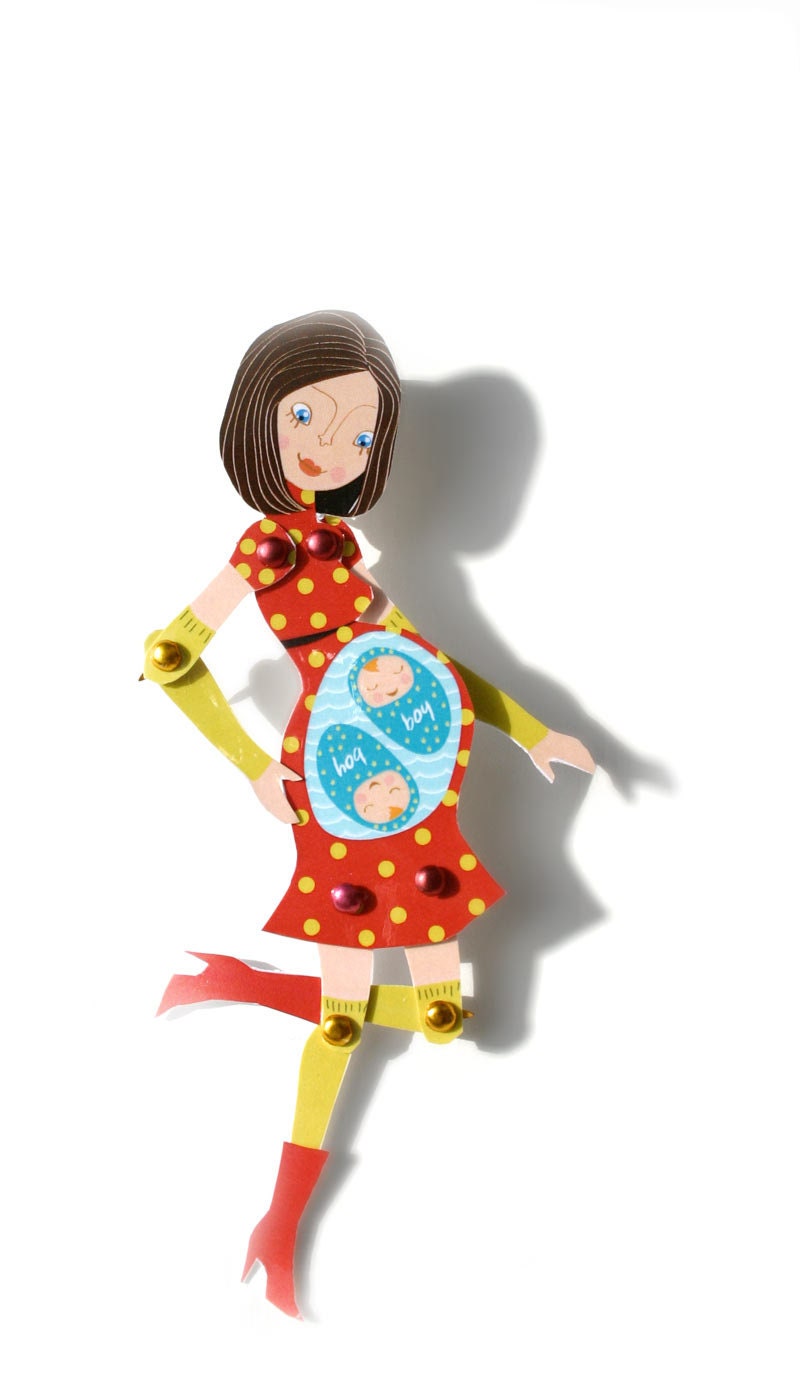 Movable pregnant mom of twin boys in red and yellow dots dress - Falallah