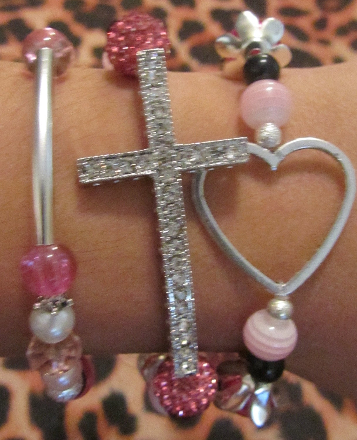 Sideways Cross Heart Stretchy Stacked Beaded Bracelet Set Pink and Black  Beads