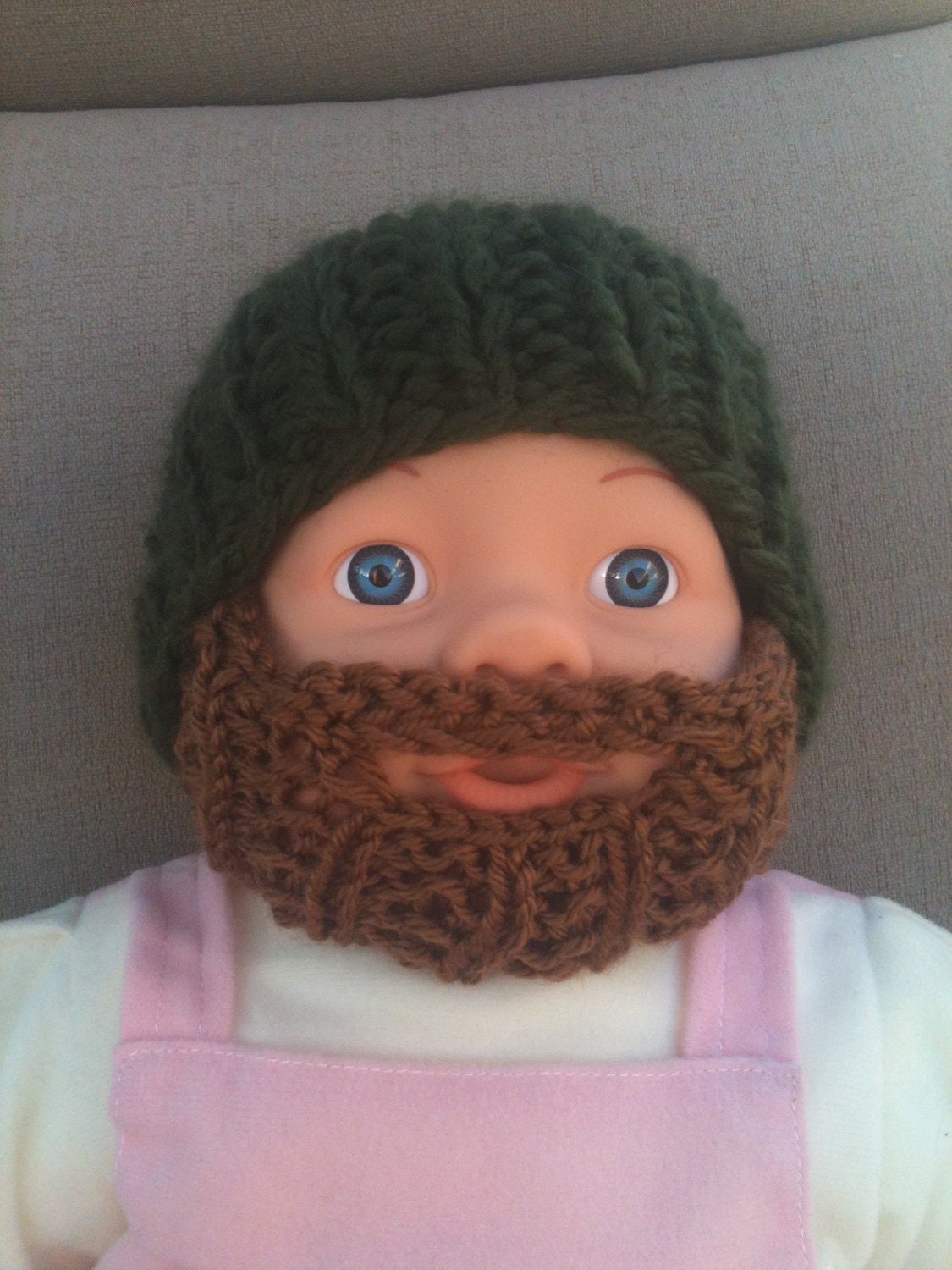 SALE Baby Bearded Beanie - Olive Green Hat W/ Medium Brown Beard 0-6 Months Warm Mask
