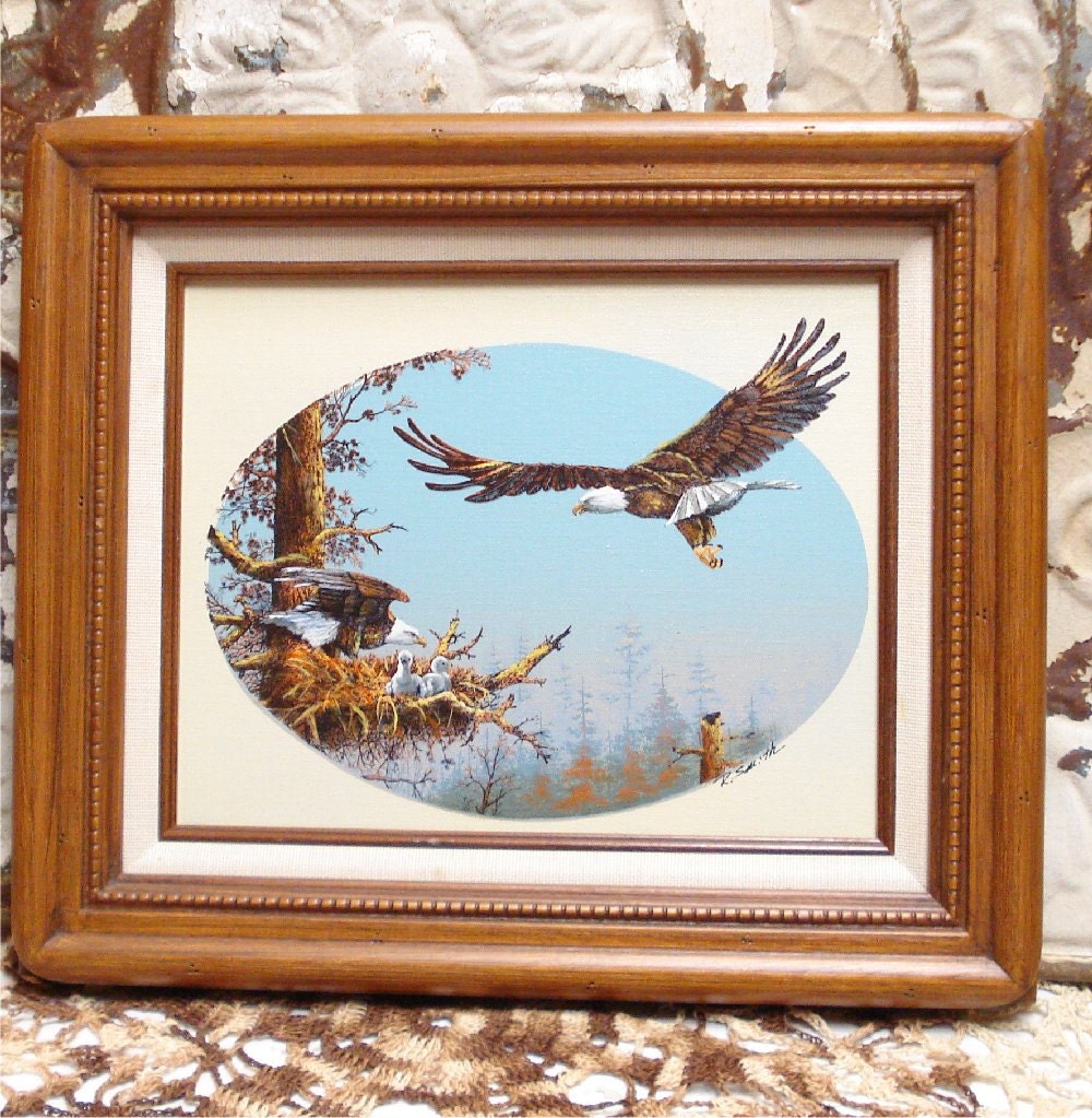 12X14 Eagle Oil Painting R Smith Family Nesting Babies