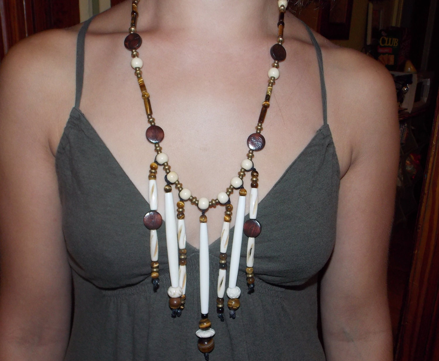 TRIBAL STATEMENT NECKLACE  Tiger's Eye & Bone Necklace Bib Necklace handmade one of a kind jewelry sexy gemstone jewelry brown necklace