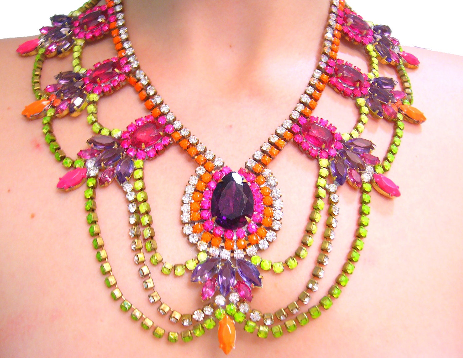 Statement One of a Kind Neon Handpainted Vintage Rhinestone Necklace -  Neon Winter (Reserved)