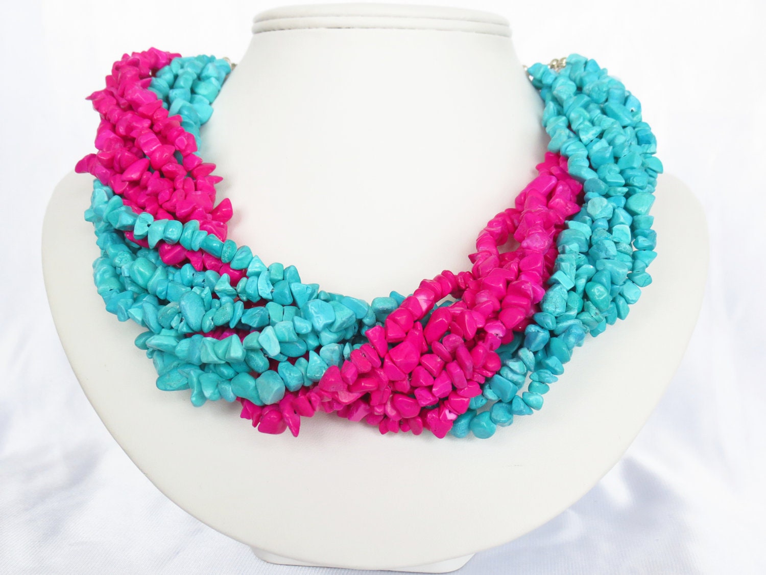 Summer Jewelry - Pink and Turquoise Mother of Pearl Statement Necklace  - Pink and Turquoise Statement Necklace