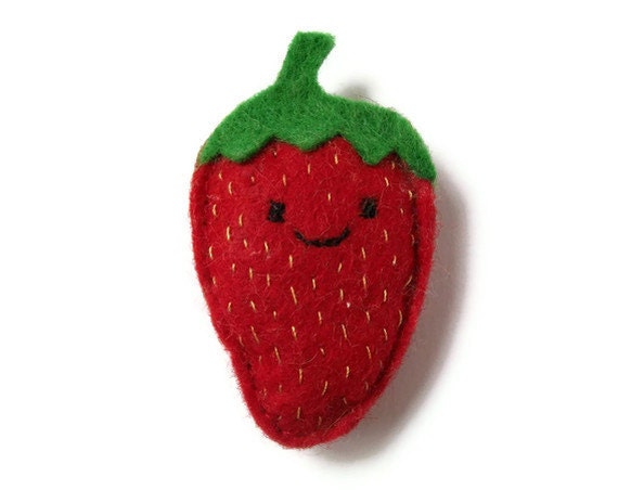 Juicy red strawberry -- Kawaii style felt fridge magnet in red and green