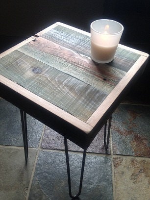 Barnwood Side Table - Industrial Furniture - Modern Reclaimed Upcycled Rustic Wood with Vintage Steel Iron Hairpin Legs - OOAK