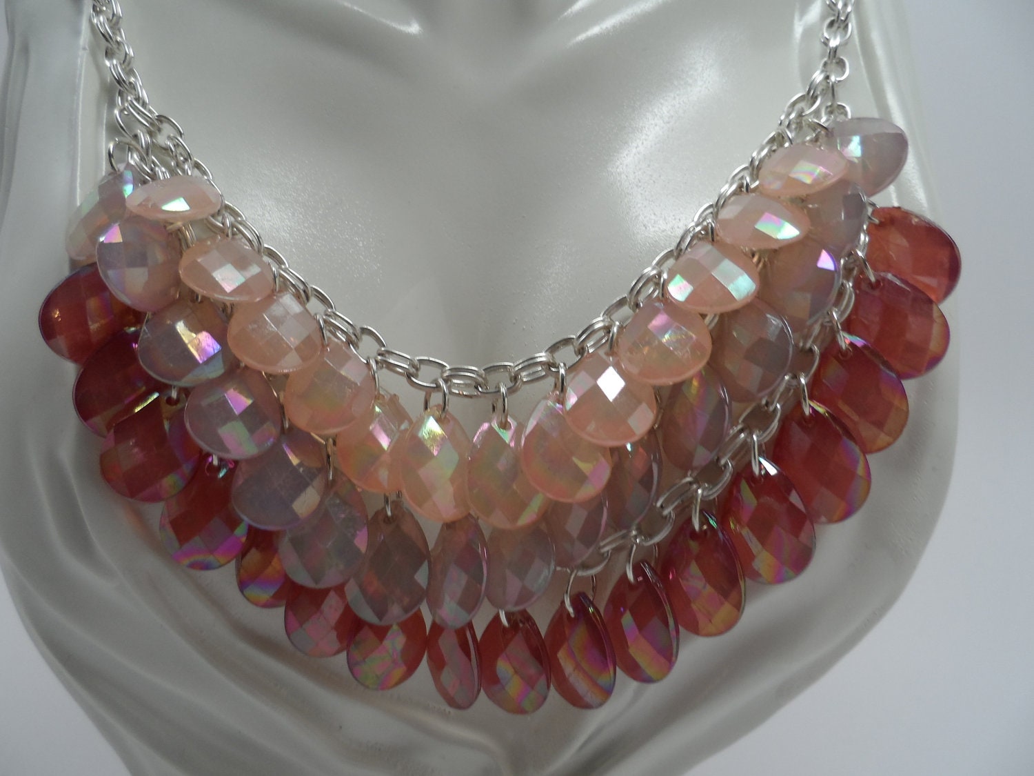 One of kind 3 Layer Tri -tone Pastel Bib Necklace and Earrings /One of a kind Beaded Statement Necklace and Earrings