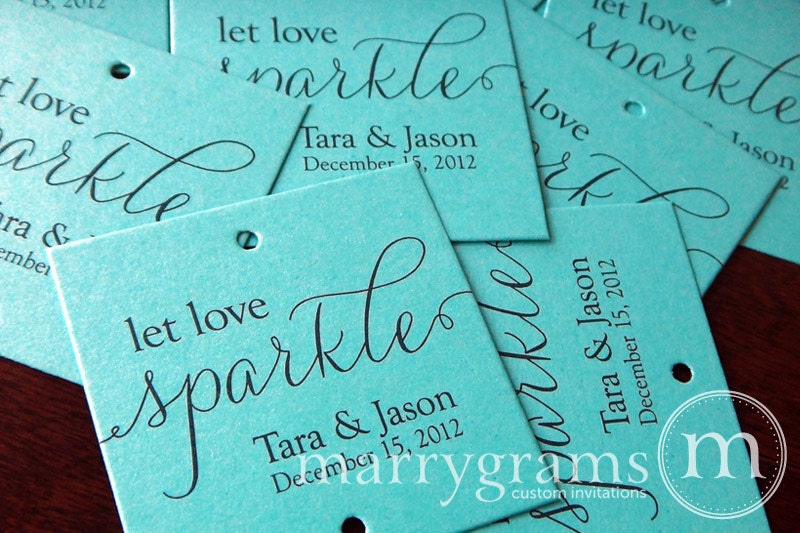 Sparkler Tags - Let Love Sparkle - Wedding Favor Tags Script Custom with Names and Date - Sparklers Tiffany Blue, Pink (Set of 24) SS01