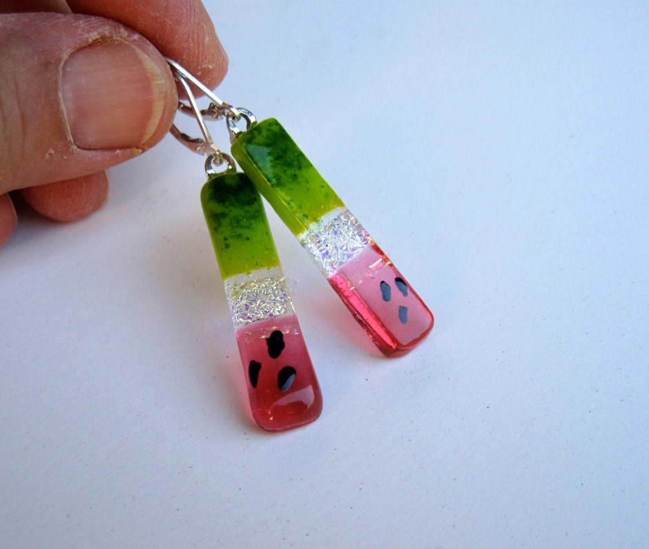 Watermelon fused dichroic glass earrings, sterling silver