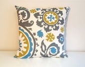 Throw Pillow Cover 18 X 18 Inch Gray Blue Yellow Suzani. Throw Pillow.