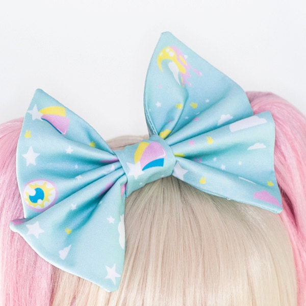 Fairy Kei Dream Sky Shooting Star Eyeball Big Hair Bow Headband Baby Blue