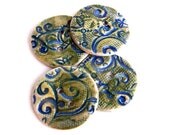 handmade ceramic buttons blue green tendrils two hole set of four