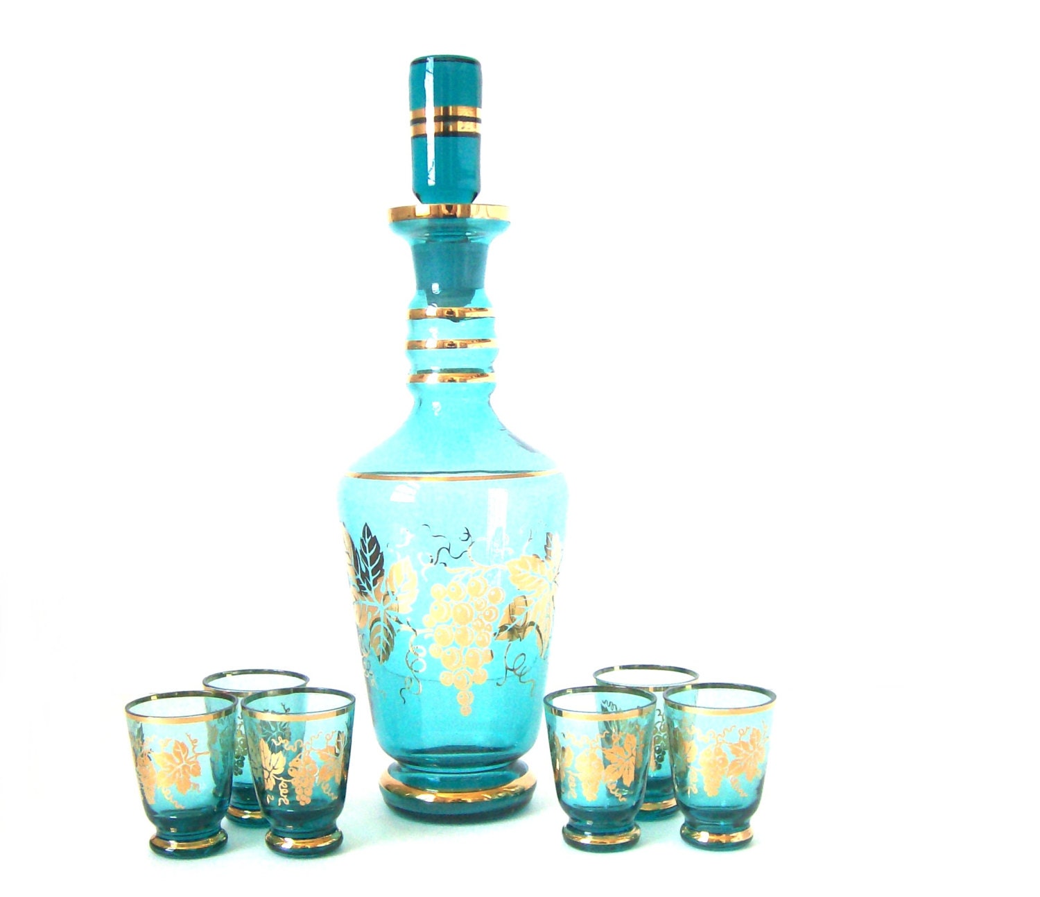 STUNNING Aqua Blue and Gold Decanter with Shot Glasses Ships Free to USA