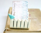 Little Bird On a White Picket Fence - Vertical Business Card Holder - Tiffany Blue