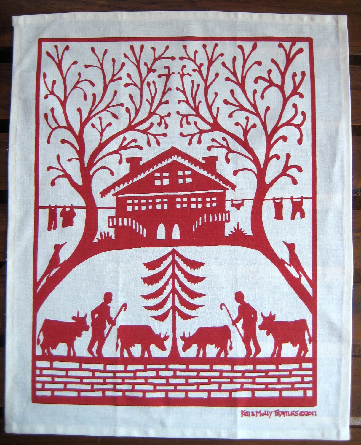 Swiss House Tea Towel: Red or Steel Blue