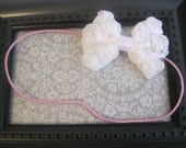 Mini Rosette Bow - White - on Light Pink Headband