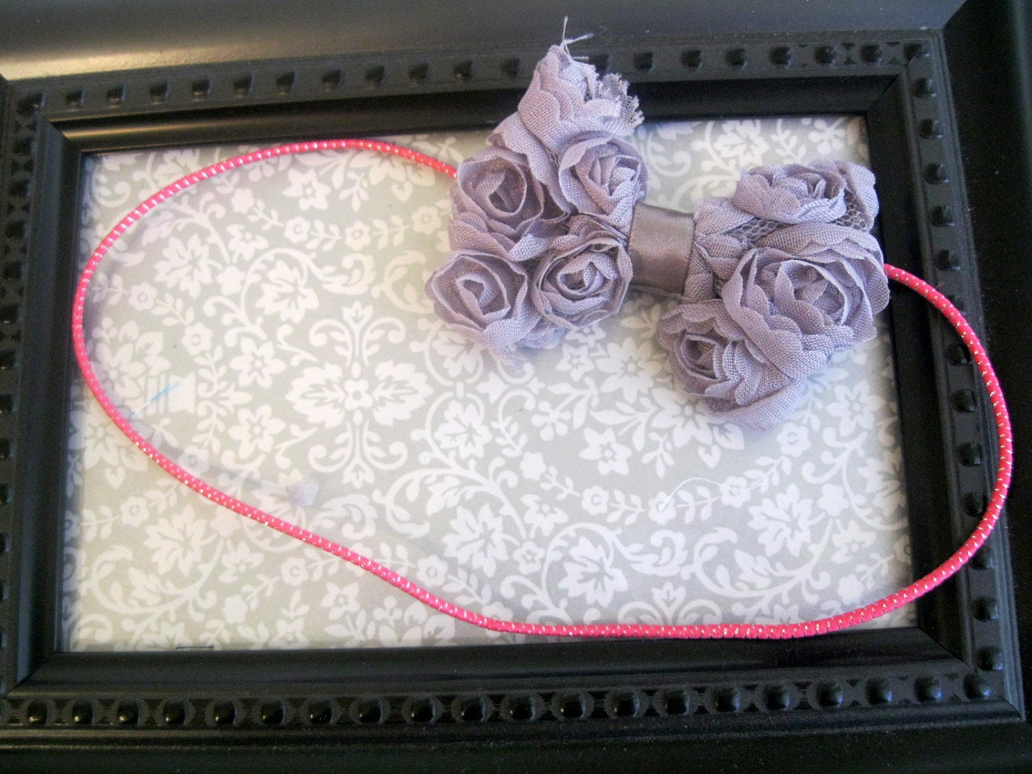 Mini Rosette Bow - Gray - on Hot Pink Headband