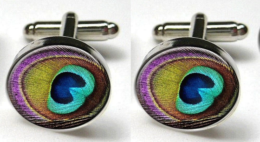 Peacock Feather Bird Silver Bezel CuffLinks Glass Round Trendy Wedding