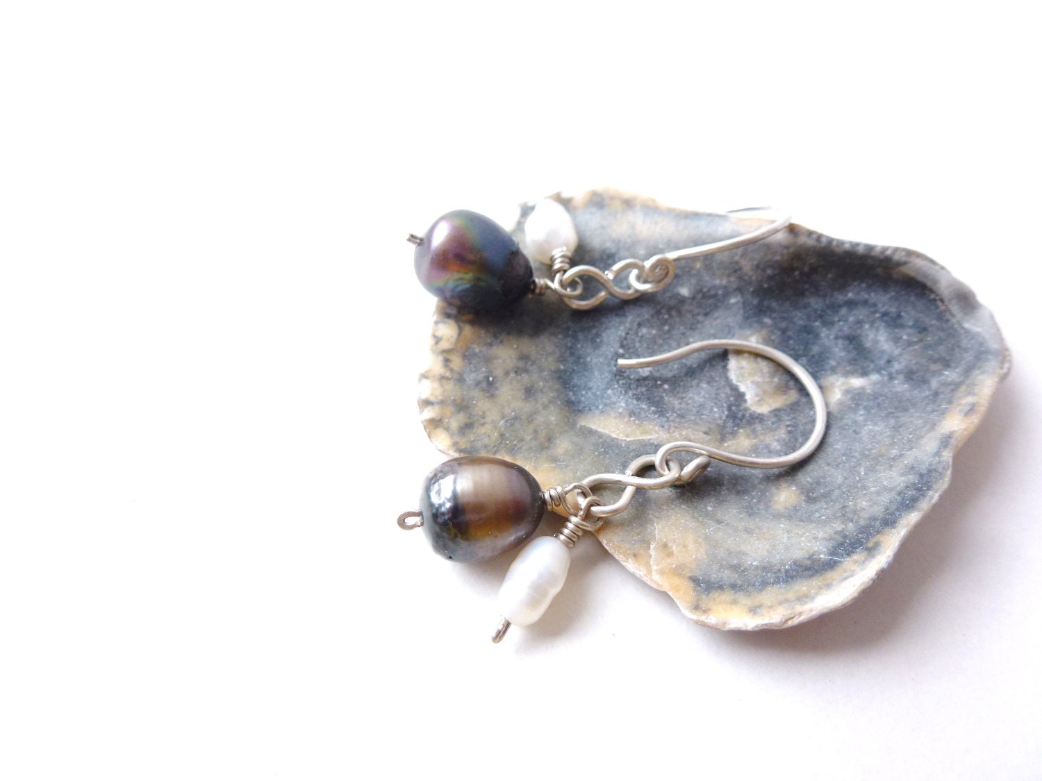 Sterling silver earrings with grey and white fresh water pearl, wire wrapped