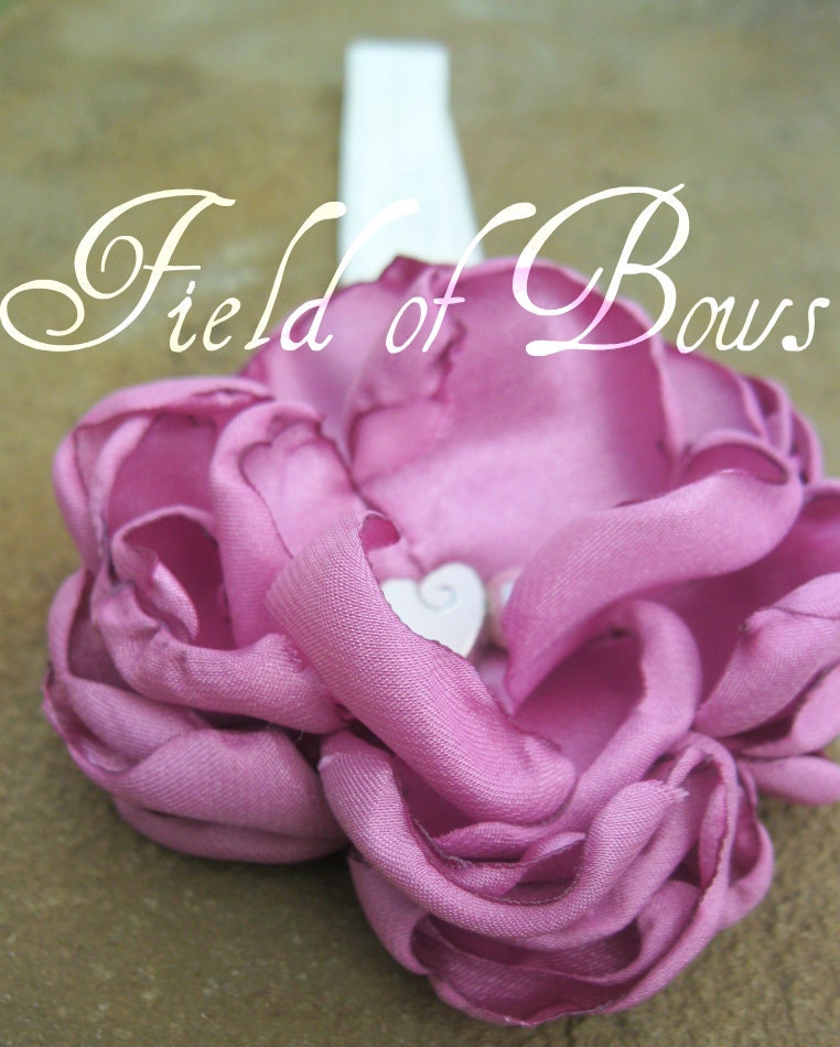 Dusty Rose and Ivory Singed Satin Flower headband for 0-3 months: mauve, heart, pearls
