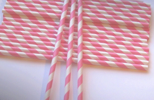 50 Paper Pink & White Striped Straws/Cake Toppers