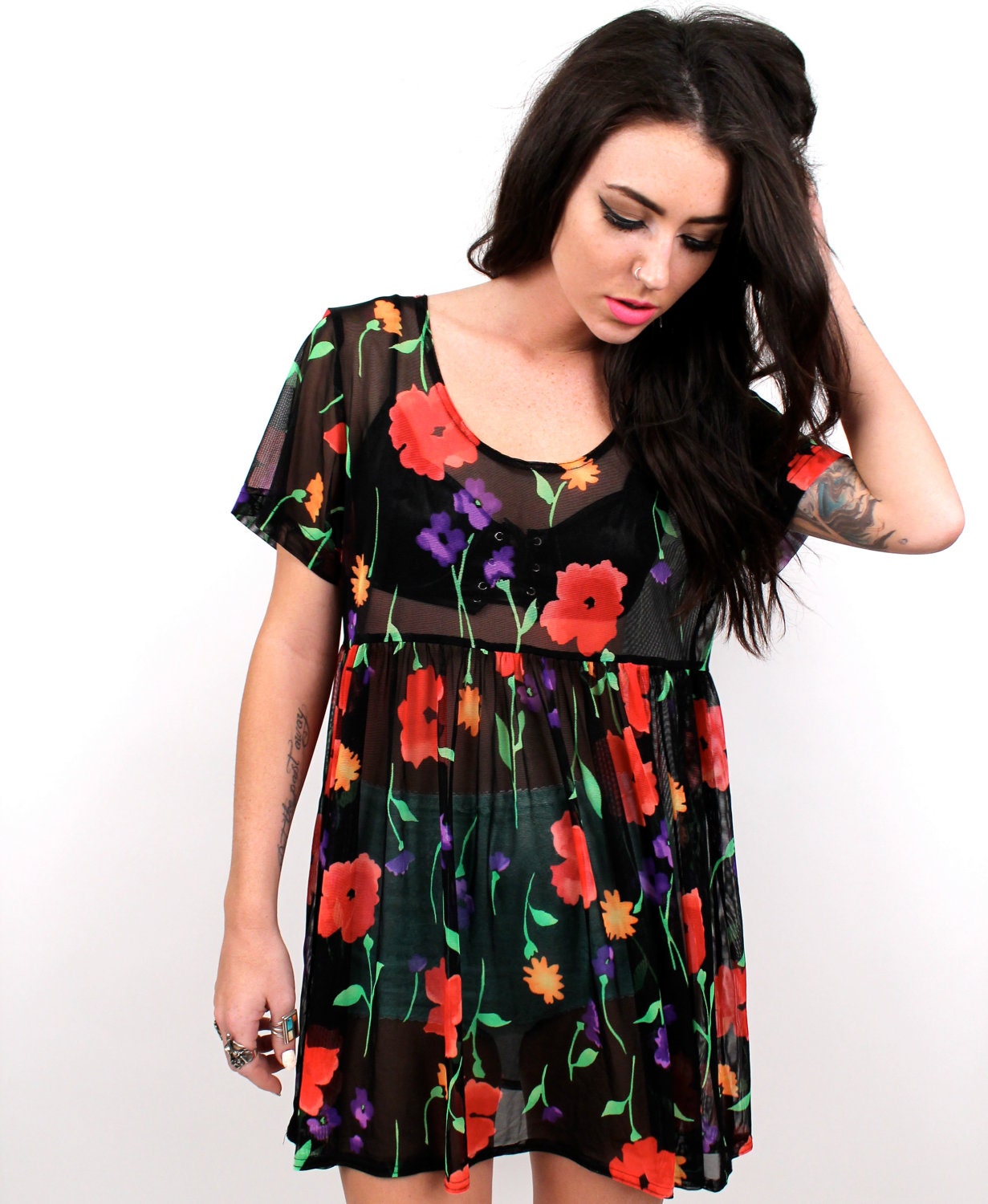 early 90s Floral MESH Baby Doll Ultra MINI Dress // So CUTE Size Small vintage grunge club kid fish net sheer