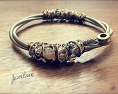 MOON BASS BANGLE- Moonstone Adorned Recycled Bass String Bangle- Stackable Bracelet- Two Toned Wire, Wrapped with Glass Beading