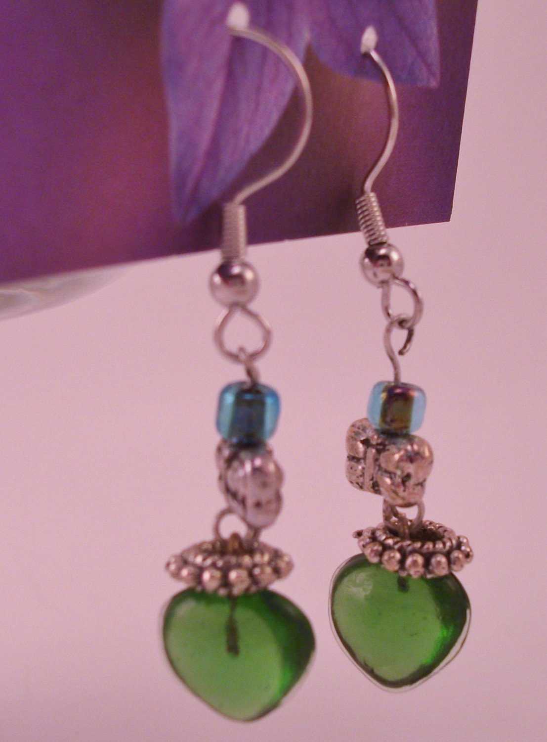 Emerald green glass hearts, silver and blue beaded earrings & free ship