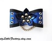 Metallic blue PVC Cyber Flower bow hair clip gothic industrial with eyelets and chain