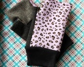 Fingerless Gloves in Light pink with leopard, brown tweed glitter, multicolored tweed- Recycled tweed- - Knit  - fleece lined
