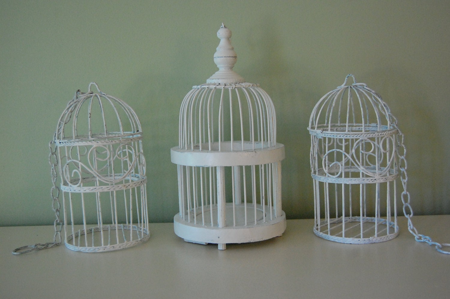 Set of 3 Shabby Chic White Birdcage Style Distressed Candle Holders for Wedding or Home Decor