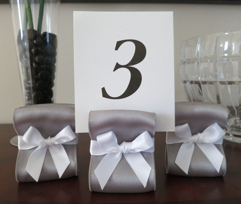 Table Number Holders - Wedding Decor - Set of Ten (10) with Silver and White Satin Ribbon - Customize Your Colors