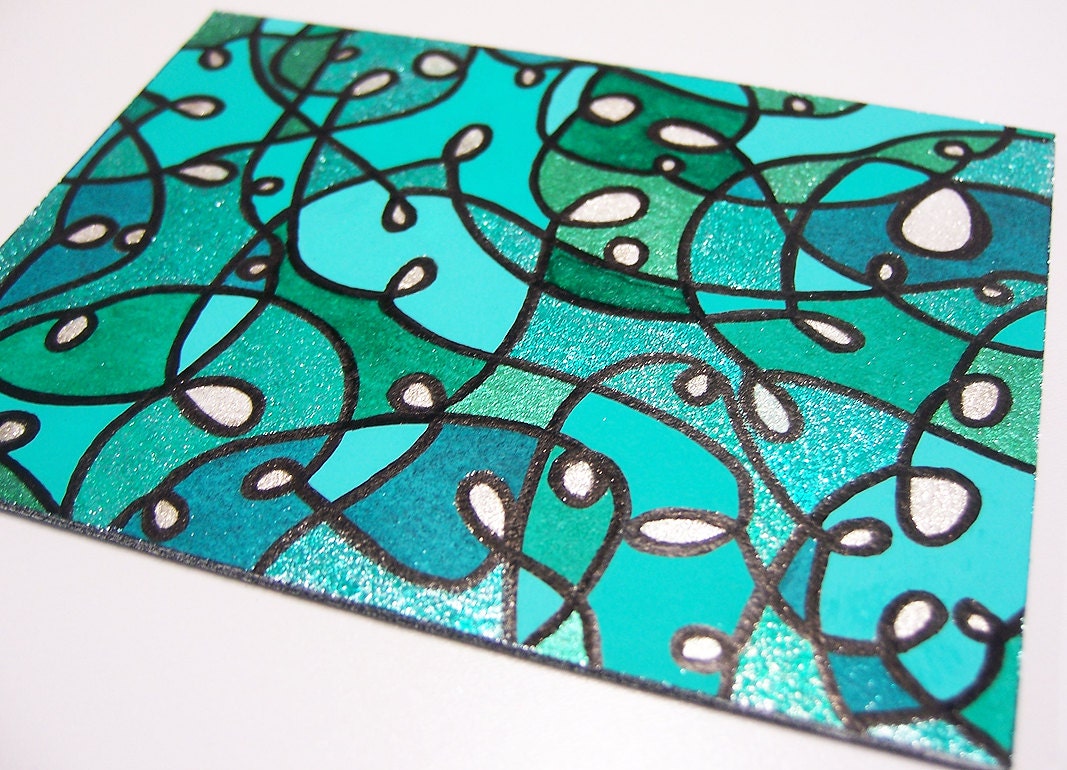 ACEO - Peace - Abstract Glitter Turquoise Teal Aqua Design - Original Art OOAK ATC Small Art