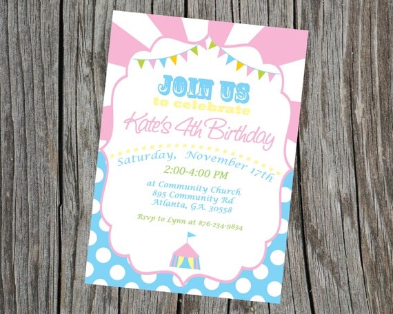 Custom Printable Girls Circus Birthday Invitation. Girls Carnival Invite. Circus Party Invitation. Il_570xn
