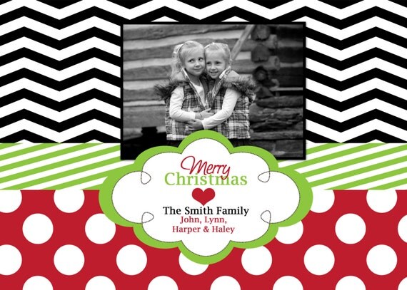 Printable and Customized Holiday Photo Card. Personalized Christmas Card. Chevron and Polka Dot Christmas Card. Il_570xn